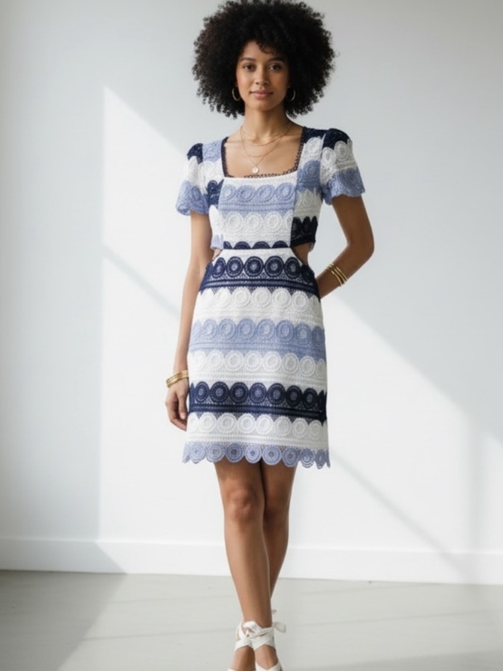 fab'rik Navy and White Scalloped Lace Square-Neck Mini Dress